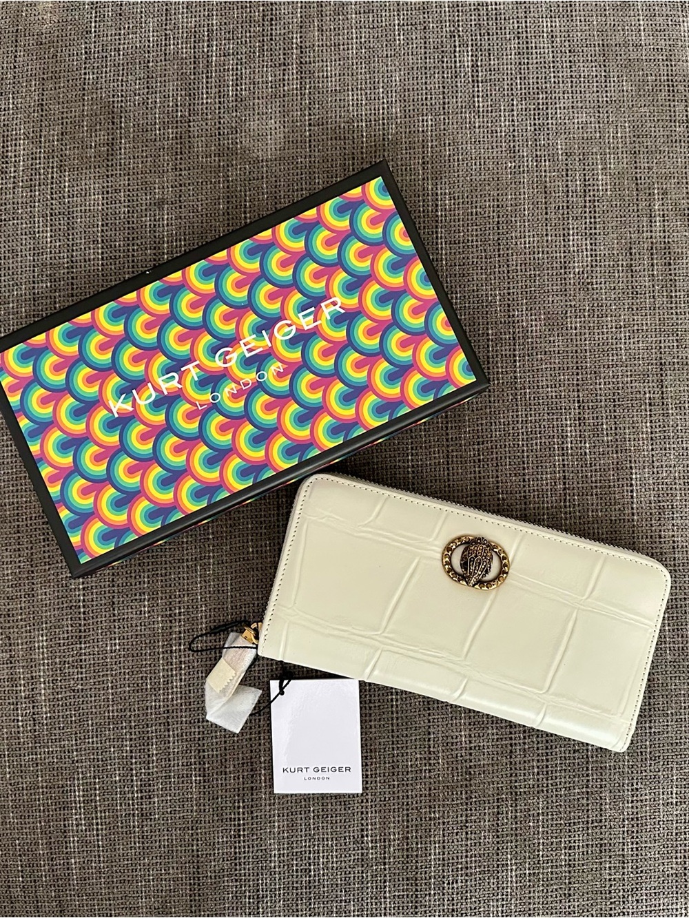 Kurt Geiger Cream Croc-Effect Zip-Around Wallet with Gold Emblem